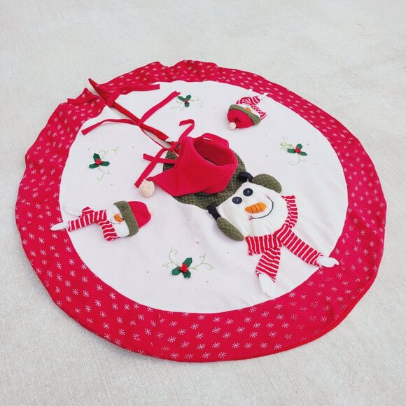 Vintage Snowman Plush Christmas Tree Skirt Red White - Picture 8 of 9